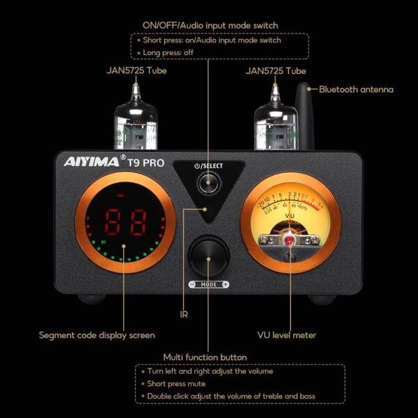 61qwVfSfFqL._AC_SL1000_ AIYIMA T9 PRO 200W Bluetooth Amplifier HiFi Digital Class D Power Amp 2.0/2.1 Channel Vacuum Tube DAC Amp with VU Meter & Bass Treble Bluetooth 5.1 Coaxial Optical PC-USB inputs