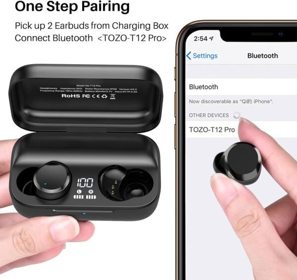 713ZqXoR74S._AC_SL1500_ TOZO T12 Pro Wireless Earbuds Bluetooth Headphones with Qualcomm QCC3040 4 Mics CVC 8.0 Call Noise Cancelling and aptX Stereo Headset 2500mAh Wireless Charging Case IPX8 Waterproof Earphones Black