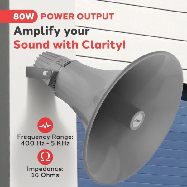 71ULZiA8qZL._AC_SL1500_ Pyle 80W Outdoor PA Horn Speaker with Aluminum Housing -16 Ohm 70V/100V Transformer Tapping 400Hz–5KHz Frequency,Includes Mounting Bracket,Compact & Lightweight,Perfect for Indoor/Outdoor use,Grey