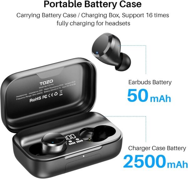 71nMqfBTexL._AC_SL1500_ TOZO T12 Pro Wireless Earbuds Bluetooth Headphones with Qualcomm QCC3040 4 Mics CVC 8.0 Call Noise Cancelling and aptX Stereo Headset 2500mAh Wireless Charging Case IPX8 Waterproof Earphones Black