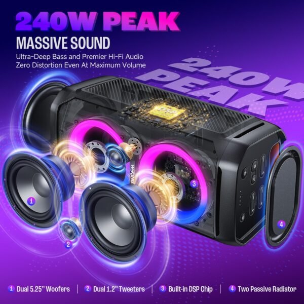 81c6mnvIbKL._AC_SL1500_ W-KING 240W Max Large Bluetooth Speaker, Party Bluetooth Speaker Loud, IPX6 Waterproof Portable Speakers Outdoor, Wireless Boombox with Subwoofer,115dB Huge Bass,24H/V5.3/Echo/RGB Lights/EQ/TF/USB/AUX