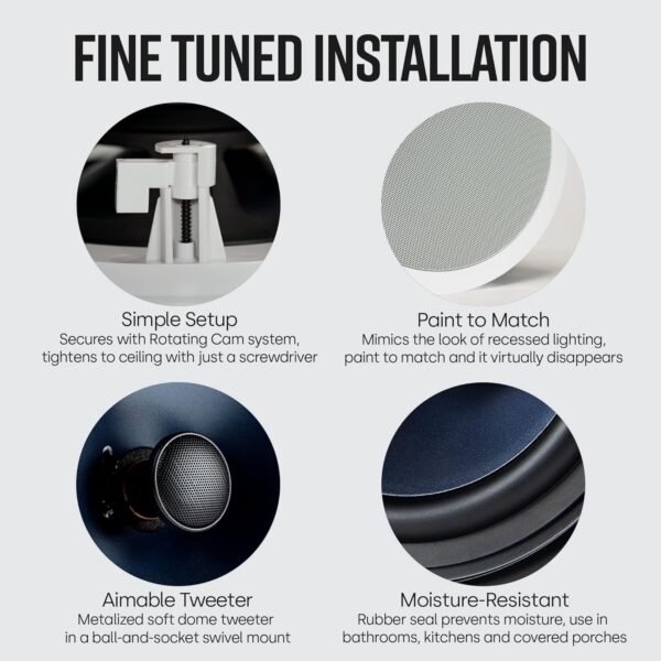 Polk Audio RC80i 2-Way Premium in-Ceiling 8" Round Speakers, Set of 2 Perfect for Damp and Humid Indoor/Outdoor Placement - Bath, Kitchen, Covered Porches (White, Paintable-Grille)